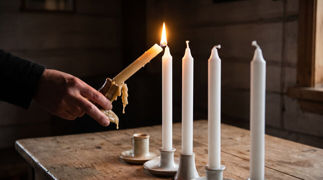 Person Lighting White Taper Candles with Burning Candle on Wooden Table in Rustic Room. Concept of candle flame, candlestick, candlelight, fire, ignite, wood table. Copy space.