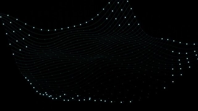 Abstract digital wave forms evolving with glowing particles in dark space