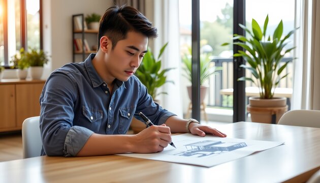 A young man is seated at a contemporary wooden table in a well lit room, concentrating as he sketches or draws on a large sheet of paper