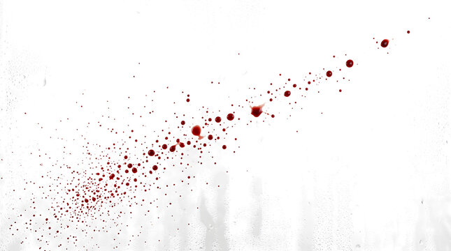 A diagonal trail of red blood droplets on wet glass with glossy spheres and tiny specks as a PNG isolated on a transparent background