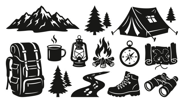 Vintage camping icons set, black and white outdoor adventure vector elements, mountain hiking gear and wilderness survival equipment collection