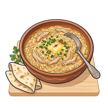 Traditional Armenian Harissa Vector Illustration Chicken and Wheat Porridge Bowl with Butter Lavash