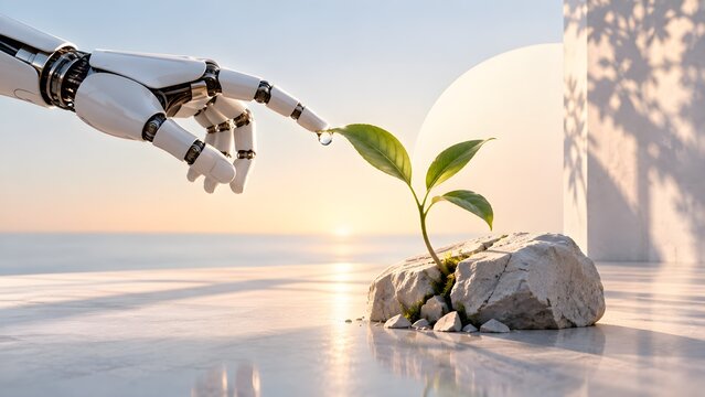 AI Robot Hand Watering a Young Green Plant at Sunrise, Sustainable Technology, Green Innovation and Artificial Intelligence for a Better Future
