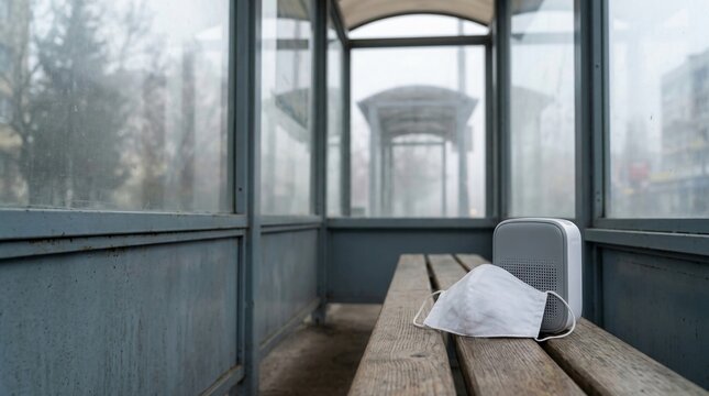 Face mask left on a weathered wooden bench at a foggy, deserted bus stop shelter