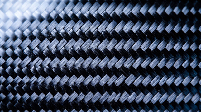 Detailed close up of carbon fiber pattern texture woven composite material showing diagonal mesh lines in dark grey and metallic blue hues for industry design.
