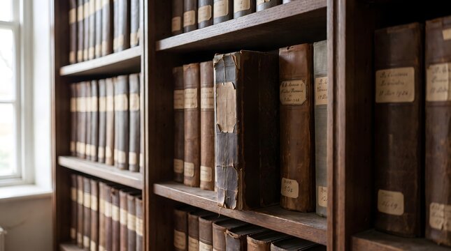 Antique leather bound books and ledgers on wooden library shelves