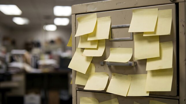 Old metal office filing cabinet completely covered in blank yellow sticky notes