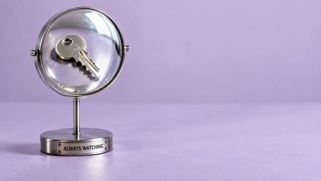 Key reflected in magnifying glass with always watching plaque