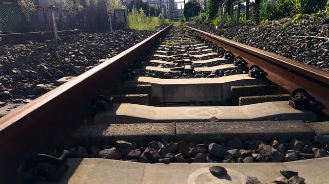 Freight Railway Tracks Near Mikawashima Station in Tokyo Viewed from a Low Angle