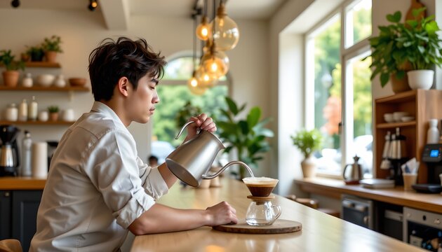 A young person with dark, tousled hair is pouring hot water over ground coffee in a pour over coffee maker, which sits on a wooden pad on the counter