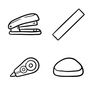 Hand drawn doodle icons of office supplies including a stapler ruler correction tape and a glue stick for school or business design