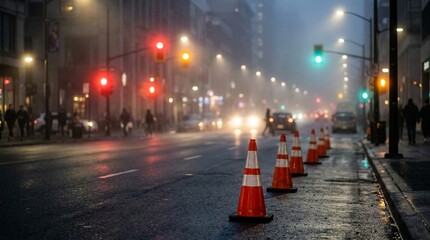 Fototapeta premium Hazy City Boulevard at Night with Traffic Cones and Blurry Lights