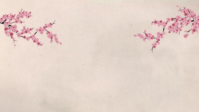 Swaying pink cherry blossom branches with beige paper texture background and falling petals seamless looping animation