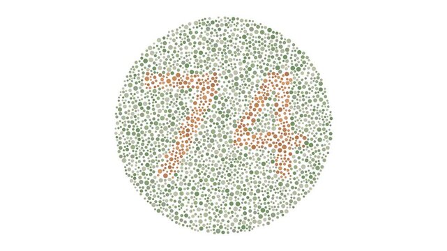 Ishihara color blindness test plate showing number 74 in orange dots on green dotted circle. Optical vision screening chart for eye examination and ophthalmology education.