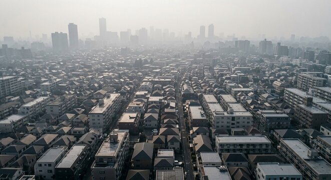 Haze-covered urban housing estate with distant city skyline under a foggy sky