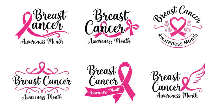Set of six artistic lettering designs for breast cancer awareness month featuring pink ribbons and inspirational quotes for support