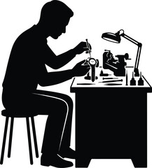 Fototapeta premium Watchmaker Repairing Wristwatch Workbench Desk Studio Vector Illustration