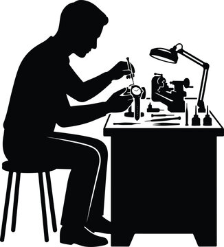 Watchmaker Repairing Wristwatch Workbench Desk Studio Vector Illustration