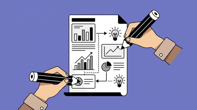 Hands drawing business charts and analytics graphs on paper document