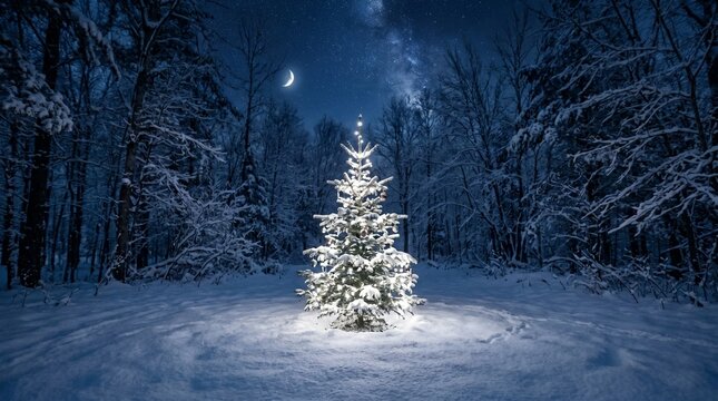 Illuminated Christmas tree in a snowy forest under a crescent moon during twilight