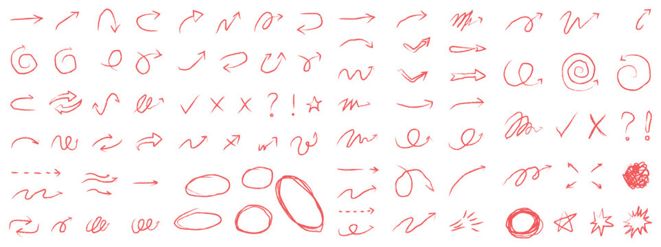 Hand drawn arrow set, doodle marker arrows, check marks, marker arrows, circles, check marks, and scribble strokes.