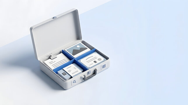 Digital Asset Management, open briefcase containing organized icons and media files, dividers with specific photos and document elements, minimalist light blue studio background, corporate data stora