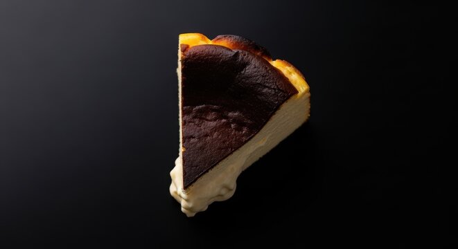 A single slice of burnt basque cheesecake on a dark black background