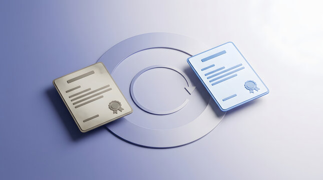Digital certificate renewal, three-dimensional rendering of rotating paper licenses with seal stamps, circular arrow icon and soft shadows, minimalist blue studio background, professional asset.