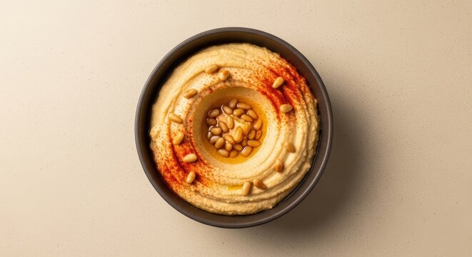 Fresh bowl of creamy hummus topped with chickpeas and olive oil