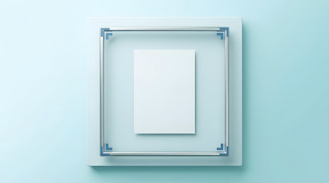Blank paper mockup, minimalist clean design, silver frame with blue accents on square base, soft cyan wall background, professional template for brand identity and corporate advertising use.