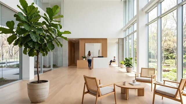 Woman walks through modern sunlit office lobby with large windows