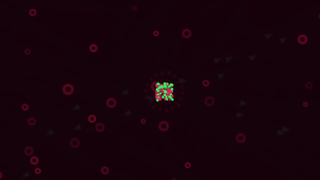 Abstract microscopic animation of antibody vs virus interaction in bloodstream style background