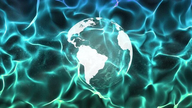 Turquoise blue digital waves with 3d earth globe loop rotation.