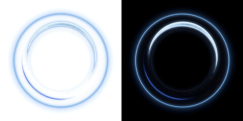 Glowing white ring with a bright blue neon outline and a thin curved streak of light great for futuristic technology design with PNG, Transparent and Black Background Versions © Nyxthrasza