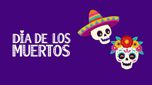 A flat-design animated video for the D&iacute;a de los Muertos celebration, featuring sugar skulls and festive marigolds.