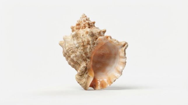 A single, weathered seashell rests on a white surface.