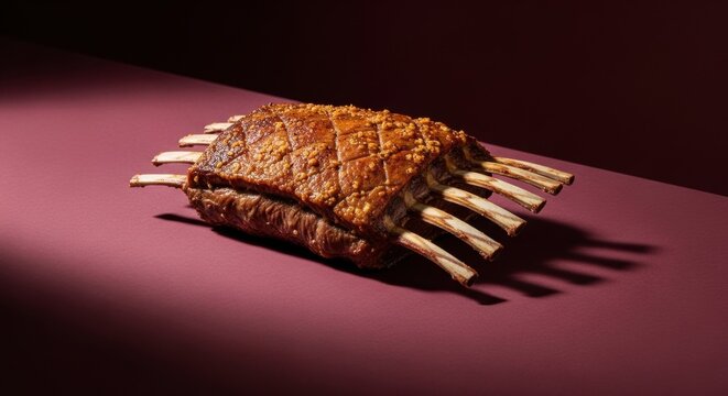 A delicious rack of roasted lamb ribs served on a dark purple surface for a fancy dinner feast