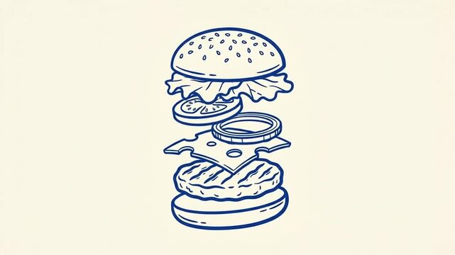 Animated blue line art of an exploded hamburger with floating ingredients
