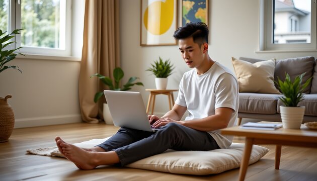 A young man is sitting cross legged on a cushion on the floor in a well lit living room, working on a laptop placed on his lap