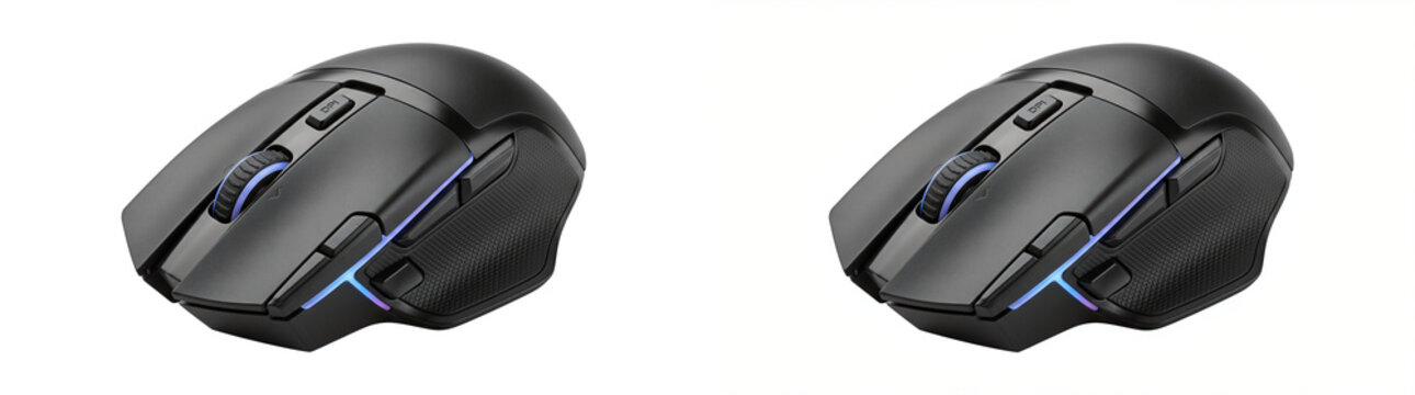 Gaming mouse with black ergonomic shell and blue RGB lighting as a PNG isolated on a transparent background for commercial product design use