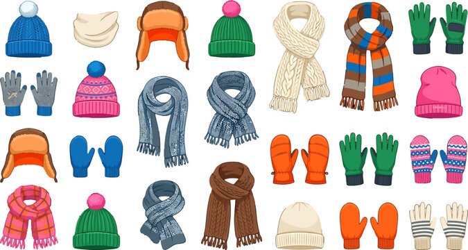Winter Accessories Collection Set Including Knit Hats Scarves and Warm Gloves Isolated Vector Illustration