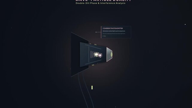 Wave particle duality double slit experiment phase and interference analysis 3d animation showing coherent photon emitter and probability wavefunction interacting amplitudes creating phase differenti