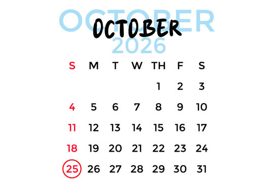 October 25, 2026 calendar, pastel blue on a white background