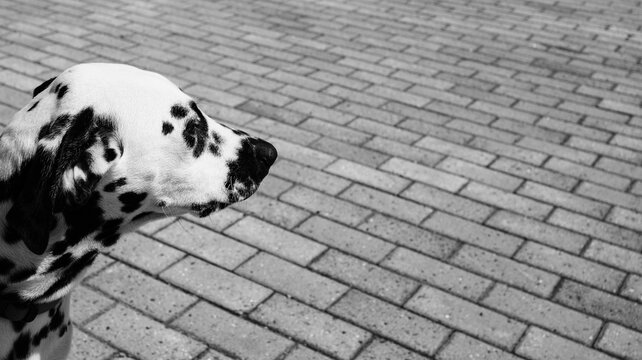A portrait of a Dalmatian dog in the background. The dog is looking and waiting. Free space for copying.