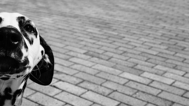 A portrait of a Dalmatian dog in the background. The dog is looking and waiting. Free space for copying.