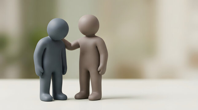 Supportive friend figures, one comforting a sad person with hand on shoulder, 3d minimalist characters, blurred soft interior background, conceptual art for mental health, therapy, marketing, website