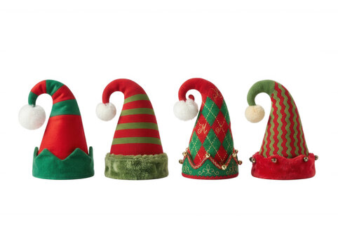 Four festive elf hats isolated on a transparent background