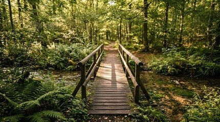 Fototapeta premium Rustic wooden footbridge with railings crossing over a clear shallow rocky creek in lush green deciduous woodland during sunny day.