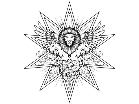 Mystical creature emblem with lion goats and snake on geometric star background vector illustration