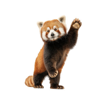 Red panda waves hello with its paw playful